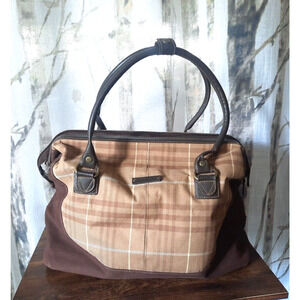 Eddie Bauer Weekender Satchel Bag Plaid Carry On Travel Khaki Train Overnight